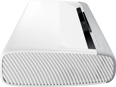 Samsung The Premiere SP-LSP7TFA hvid videoprojektor, perspektivisk oversigt, forfra med gitter, højre side