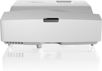 Optoma HD35UST hvid videoprojektor, set forfra, lukket låg, front med gitter og centreret linse, justerbare fødder