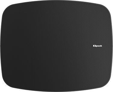 Diffusore da esterno Klipsch PSM-650-T nero, vista frontale, griglia perforata e bordi arrotondati