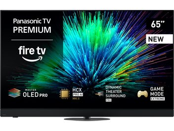 Panasonic TV-65Z90B svart högupplöst TV med tunn ram i metall och plast, stor OLED-skärm som visar färgstarka bilder, monterad på ett smalt ovalt centralt stativ, sedd framifrån