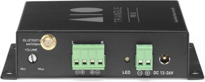 Amplificador hi-fi estéreo Triangle AIO PRO A50 preto, vista frontal, com botões, conectores, LED e antena Bluetooth