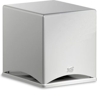 Cabasse Santorin 30i Perle subwoofer, kubisk form, højblank hvid finish, sølvfarvet logo på forsiden