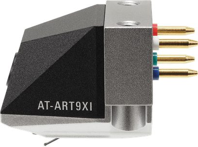 Celulă pentru pickup hi-fi Audio Technica AT-ART9XI, vedere laterală cu carcasă neagră și argintie și conectori aurii