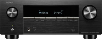 AV receiver Denon AVR-X3900H černý, přední panel s velkým centrálním displejem, dvěma ovladači a USB portem