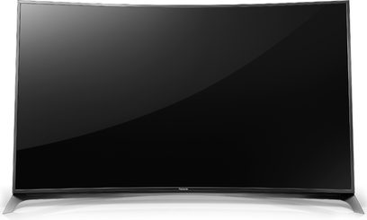 Televisore Panasonic TX-55CR850 con schermo piatto curvo nero spento visto di fronte su sfondo nero uniforme
