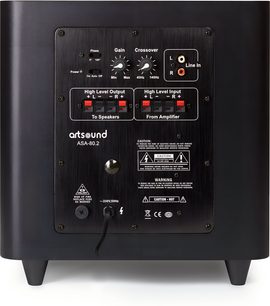 Siyah ArtSound ASA-80.2 subwoofer arka görünüm, kontrol paneli, RCA girişleri ve yüksek seviye bağlantı terminalleri