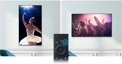 Samsung VG-ARAB43WMTXC TV og vægbeslag, set forfra og fra siden, skærm der viser en ballerina og et publikum ved en koncert