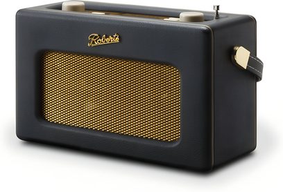 Roberts Revival iStream 3L bordradio i sort kunstlæder med gylden metalgitter, cremefarvede knapper på toppen, kromantenne og sidebælte, set fra højre forside i trekvarts vinkel