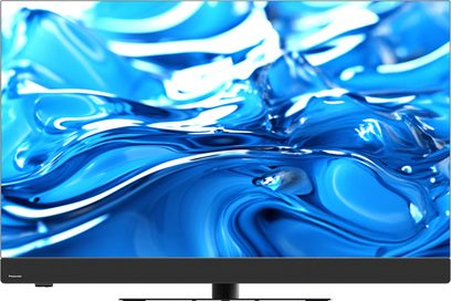 Panasonic TV-48Z90BE6 højopløsnings-tv i sort med slankt metal- og plastikramme, stor fladskærm med integreret soundbar på fronten og centralt placeret fod, set forfra