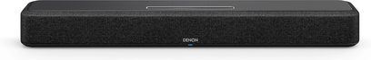 Denon Home 550 soundbar, black, rectangular, elongated, front view, top view, metallic grille on top