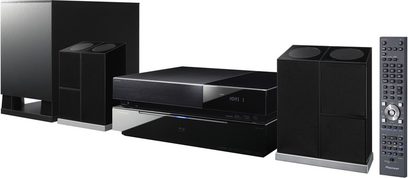 Sort Pioneer LX03BD hjemmebiografsystem bestående af en Blu-ray-afspiller, to højttalere, en basrefleksboks og en fjernbetjening
