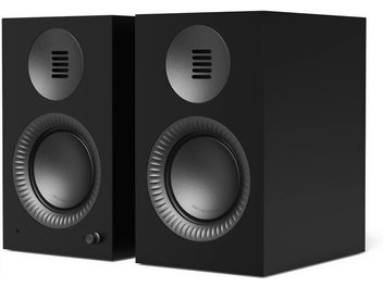 Paire d’enceintes connectées Kanto TUK G2 noires, vue de face avec tweeters et haut-parleurs apparents