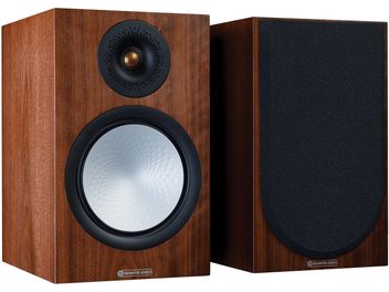 Kolumny głośnikowe Monitor Audio Silver 100 7G w naturalnym odcieniu orzecha, z czarną przednią maskownicą, złotą kopułką wysokotonową i białą membraną nisko-/średniotonową