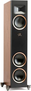 Cassa acustica a colonna Motion F10 con pannello laterale in legno, frontale nero, 3 altoparlanti circolari e un tweeter rettangolare
