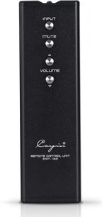 Sort Cayin SP-13B-fjernbetjening, set forfra, tekstureret kabinet, tre metalliske knapper Input, Mute, Volume, ikoner ▲▼