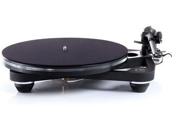 Giradischi Rega Planar 8 nero, vista a tre quarti, piatto circolare sottile e braccio di lettura dritto