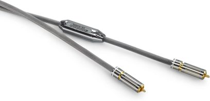 RCA кабел Siltech Explorer 90i SC006, сив плетен текстилен мекщит, два мъжки жака, позлатени пинове, модул, изглед отгоре