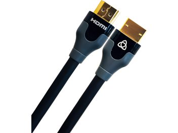 HDMI UHD48 Gbps kabelis ar diviem zelta savienotājiem, melniem un pelēkiem galiem, viens marķēts ar "HDMI", otrs ar trīsstūra simbolu