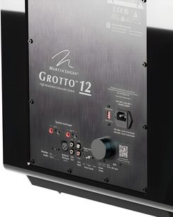 MartinLogan Grotto 12 subwoofer i sort lak, bagfra med tilslutninger og justeringspanel