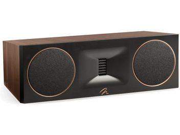 Cassa centrale Motion XT C100 noce con due griglie circolari nere bordate in rame e un tweeter centrale rettangolare