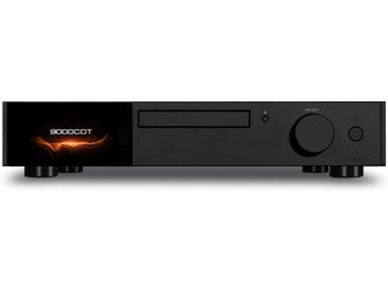 Audiolab 9000CDT -hifi-CD-soitin, jossa näyttö "9000CDT", CD-lokero, pyörivä painike, sylinterimäiset jalat