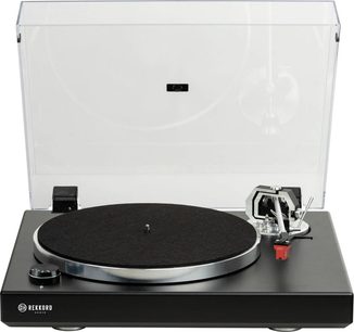 Matně černý gramofon Rekkord M600, přenoska Quintet Red, černý talíř, rovné stříbrné raménko, obdélníkový černý podstavec