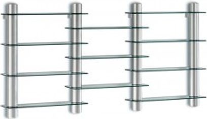 Glasshylder og krommetalrammer bestående af 6 rektangulære hylder stablet oven på hinanden og fastgjort med 4 cylindriske stænger