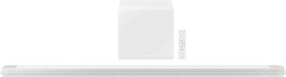 Soundbar Samsung HW-S801B bianca, vista frontale, con telecomando posato sopra