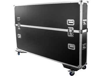Musta Power Acoustics Flight Ecran 75/85 -näytön kuljetuslaukku, jossa hopeanväriset reunukset, kahvat, salvat ja pyörät