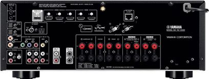 Amplituner kina domowego Yamaha RX-V683 w kolorze tytanowym, widok z przodu, złącza i elementy sterujące, 7 kanałów, 150W na kanał
