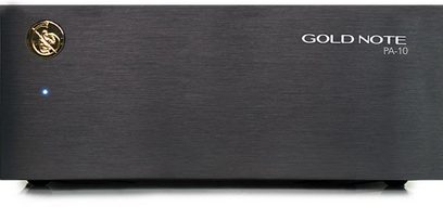Amplificateur Gold Note PA-10 черен, преден изглед, златист лого в горния ляв ъгъл, синя LED светлина включена в долния десен ъгъл