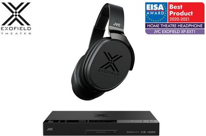 JVC XP-EXT1 sort hi-fi hovedtelefoner, sort, set fra siden og forfra, med Exofield Theater-logo på ørekopperne