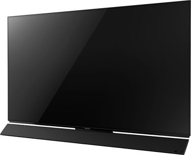 Panasonic TX-65FZ950E fladskærms-TV, rektangulær sort blankpoleret skærm, set forfra, placeret på en vandret holder