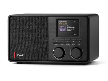 Digitale Tischradio Pinell of Norway Supersound 201W im mattschwarzen Metallgehäuse, linker Lautsprecher mit schwarzem Stoffbezug, Logo und rotem Streifen, rechte Seite mit quadratischem Farbdisplay, fünf horizontalen Tasten und zwei großen Drehreglern, Frontansicht