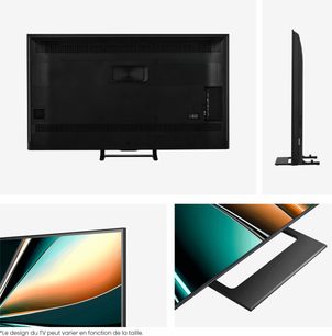 Televisor Hisense 50U7Q preto, tela com bordas finas, pé central metálico, vistas traseira, lateral e detalhes da moldura