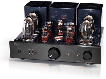 Cayin CS-150A csöves sztereó integrált erősítő fekete színben, fémes csiszolású házzal, nyolc látszó üvegcsővel, köztük két oldalsó KT150-essel, három hátsó transzformátor fedővel, háromnegyed elülső pannel, amely tartalmazza a tápegység gombot, három kapcsolót, egy központi nagy hangerőszabályzót és egy forgó választógombot.