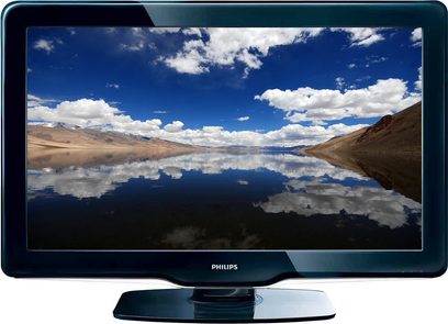 Philips 37PFL5405H-fladskærm, der viser et bjerglandskab spejlet i en sø på en mørkeblå baggrund