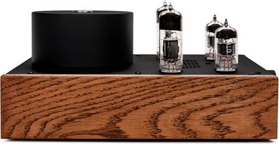 Feliks Audio Echo Classic preamplificatore per cuffie nero con frontale effetto legno con valvole a vista, vista frontale