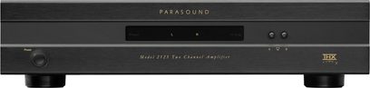 Parasound Model 2125 effektforstærker set forfra i sort, frontpanel i børstet aluminium, blåt display