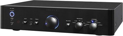 Rotel RC-1550 stereoforforstærker set forfra i sort, med knapper og stik på forsiden, blåt display
