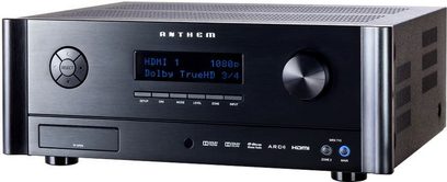 Anthem MRX-710 sort hjemmebiografsforstærker, set forfra, blå skærm, sølvfarvede knapper og drejeknapper, børstet sort front