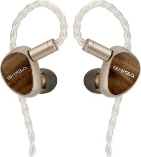 Sivga Que UTG in-ear oordopjes met bruin geaderde buitenzijden, goudkleurige randen en een witte gevlochten kabel