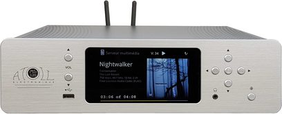 Lettore audio di rete Atoll Electronique Mini Streamer MS120 argento, vista frontale, schermo che mostra "Nightwalker", pulsanti e prese