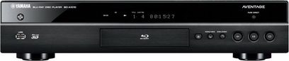 Yamaha BD-A1010 sort 4K Blu-ray-afspiller, set forfra, sort front med display, knapper og diskskuffe