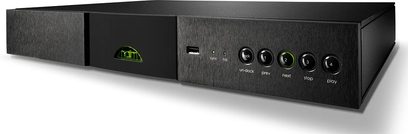 Naim Audio DAC-lydkonverter, frontvisning, sort kabinet med børstet aluminiumsfront, grønt display og 6 knapper