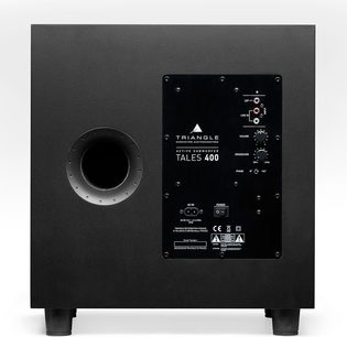 Caisson de grave Triangle Tales 400 noir mat. Haut-parleur circulaire. Panneau de contrôle avec boutons et voyants