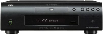 Denon DVD-2500BT sort 4K Blu-ray-afspiller, front med display, knapper og stik, set forfra