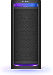 Cassa bluetooth portatile Sony ULT Tower 9 nera in plastica con grande griglia metallica frontale, vista frontale, torre rettangolare dotata di illuminazione LED blu e viola nella parte superiore e inferiore