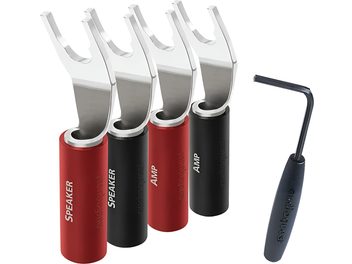 Set di 8 connettori a banana Audioquest SureGrip 100 argento, corpo nero e rosso, forcelle argentate angolate