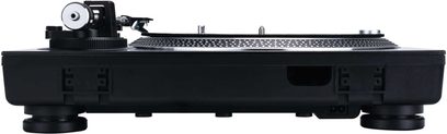 Hi-fi gramofon Reloop RP 4000 MK2 černý, pohled zepředu, s raménkem, talířem a ovládacími prvky